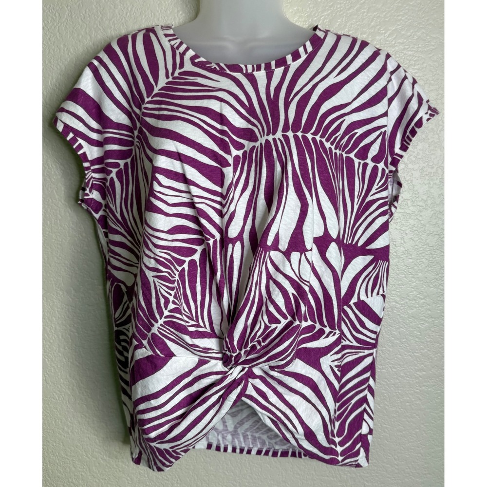 Chicos 0 US Small Top Purple White Tropical Leaf Print Twist Front Cotton Resort
